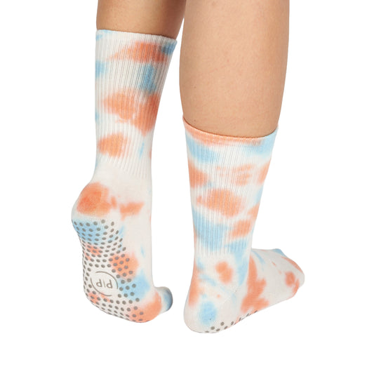 Tie Dye Blue & Orange Grippy Crew Yoga Socks