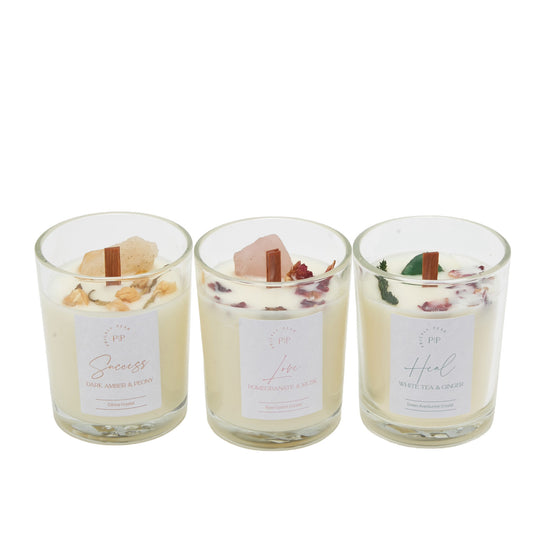 The 'Manifest' Crystal Wooden Wick Candle Trio