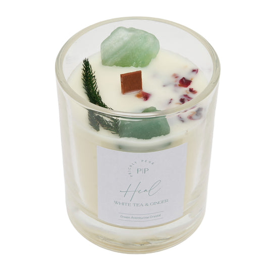 Green Aventurine Crystal 'Heal' White Tea & Ginger Scented Candle