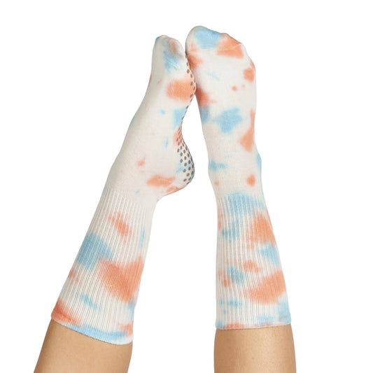 Tie Dye Blue & Orange Grippy Crew Yoga/Pilates Socks