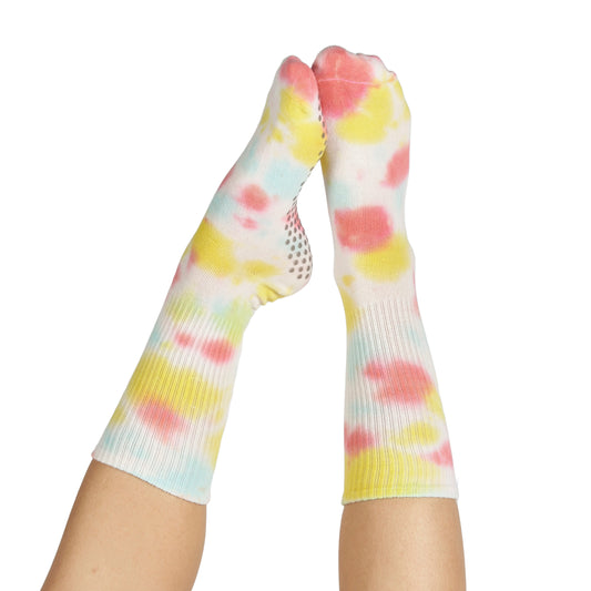 Tie Dye Pink & Yellow Grippy Crew Yoga Socks