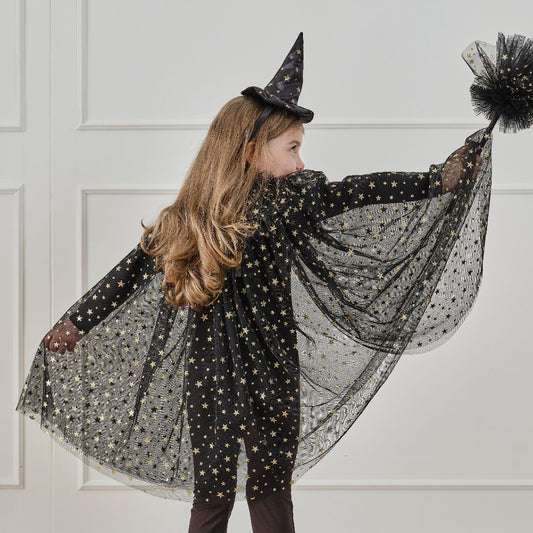 Black & Gold Star Halloween Witch Costume Cape