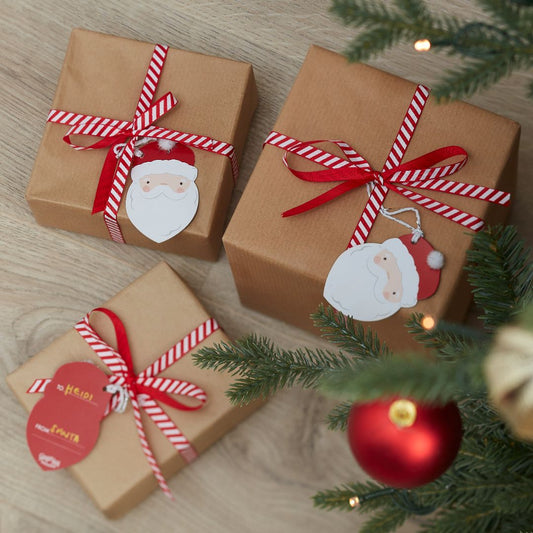 Gift Tags & Ribbon - Santa Face with Pom Pom Hat - Red and White Ribbon