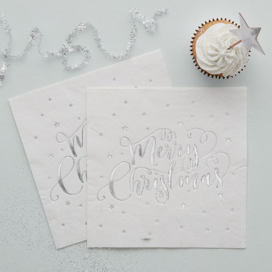 Paper Napkins - Foiled - Merry Christmas - Silver