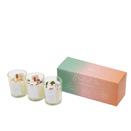 The 'Manifest' Crystal Wooden Wick Candle Trio