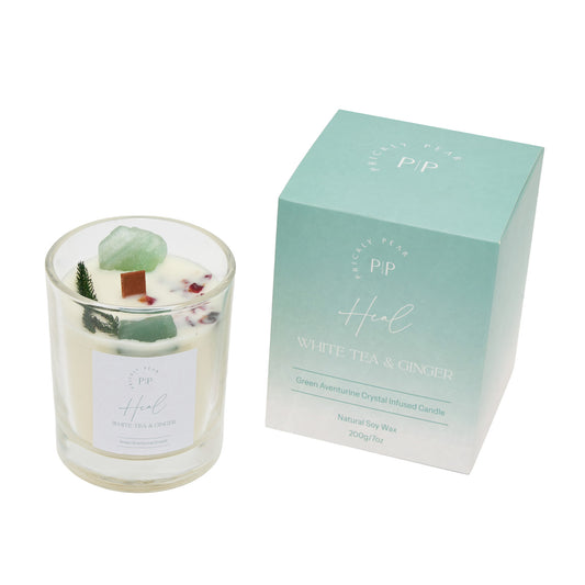 Green Aventurine Crystal 'Heal' White Tea & Ginger Scented Candle