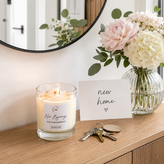 Clear Quartz Crystal 'New Beginnings' Oud & Sandalwood Scented Candle
