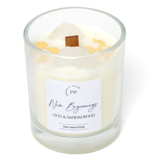 Clear Quartz Crystal 'New Beginnings' Oud & Sandalwood Scented Candle