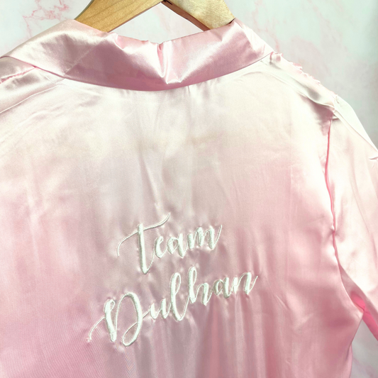 Team Dulhan Silk Robe (Full Length) - Pink & White