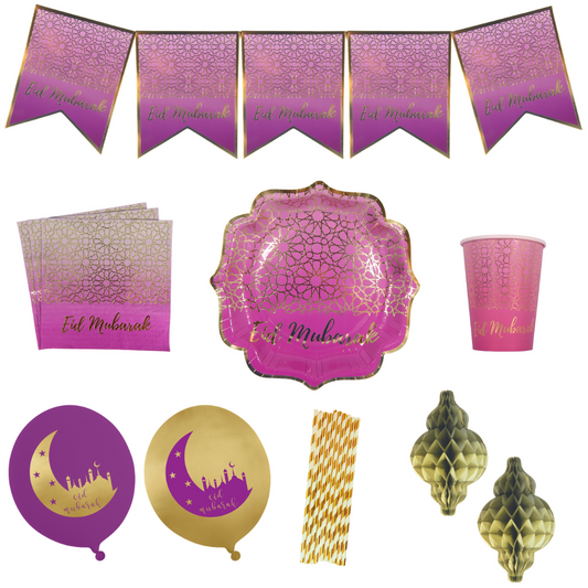 10 Guest Purple & Gold Eid Disposable Party Set