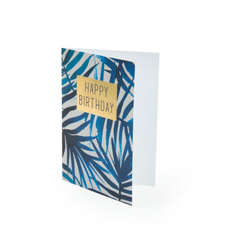 Birthday Gold Plaque Blue Leaves Card