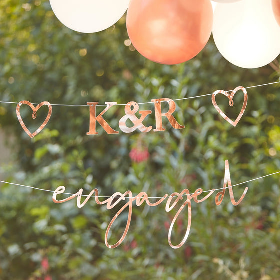 Customisable 'Engaged' Bunting with Initials & Hearts [Rose Gold]