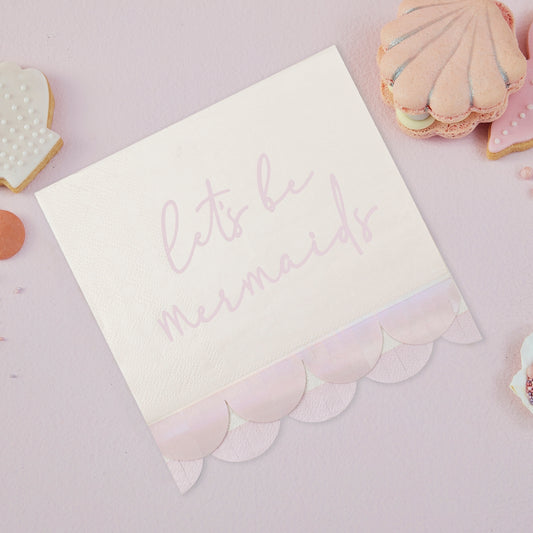 'Let's Be Mermaids' 16 x Napkins with Scalloped Fringe [Iridescent Pink]