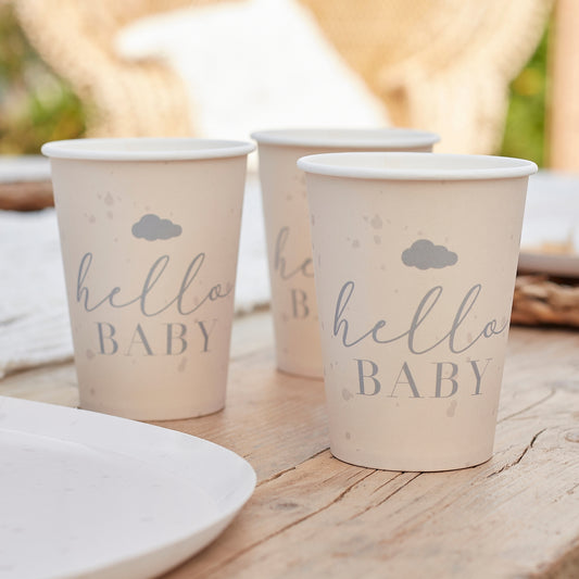 'Hello Baby' 8 x Eco Paper Cups [Speckle, Cream & Grey]